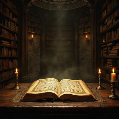 The primary subject of the image is a large, open book placed on a wooden table. The setting is a library, with numerous books surrounding the book on the table. The visual style is a photo, capturing the details of the book and the library environment. The colors and mood of the image are predominantly dark, with the light coming from the book itself, creating a dramatic and moody atmosphere.